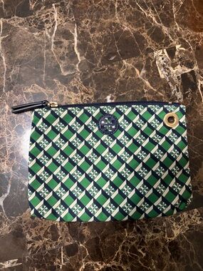 Tory Burch Green and Navy Checker Logo Zip Pouch